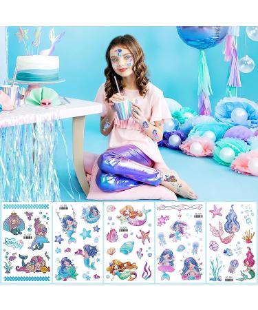 Konsait Glitter Temporary Tattoos for Girls - 24 Butterfly Mermaid Fairy Flowers Stickers | Waterproof Fake Tattoos for Kids Birthday Party Favors - Buy Online on GoSupps.com