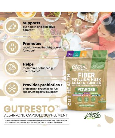GutResto Fiber Supplement Psyllium Husk Powder Ginger Digestive Enzymes Probiotic Peppermint Licorice Aloe Vera Marshmallow Root Turmeric Supplement Slippery Elm Gut Health Prebiotics by Clean Nutra - Buy Online on GoSupps.com
