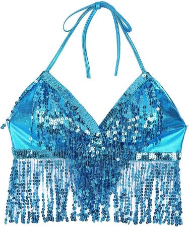 Dazzling Lake Blue Sequin Tassel Halter Crop Top for Women - Perfect for Belly Dance, Parties, and Club Wear - One Size - Buy Online on GoSupps.com