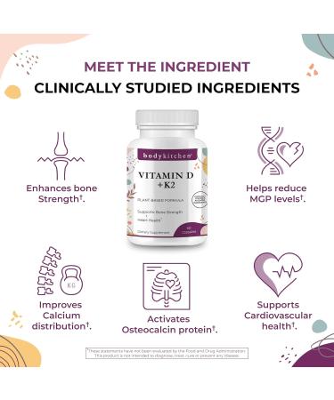 Body Kitchen Vegan Plant-Based Vitamin D3 + K2 (MK7) Supplement, Bone and Heart Health, Non-GMO, 5000 IU Vitamin D & 180 mcg Vitamin K2 MK-7, Easy to Swallow Veggie Caps, 60 Count - Buy Online on GoSupps.com