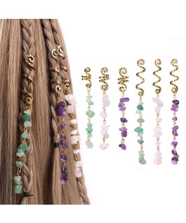 Vinswet Colored Natural Stone Tassels Hair Jewelry for Braids Crystal Loc Dreadlock Accessories Gold Hair Spirals Gems Charms for Women Girls(pack of 6) 6PCS Green Pink Purple