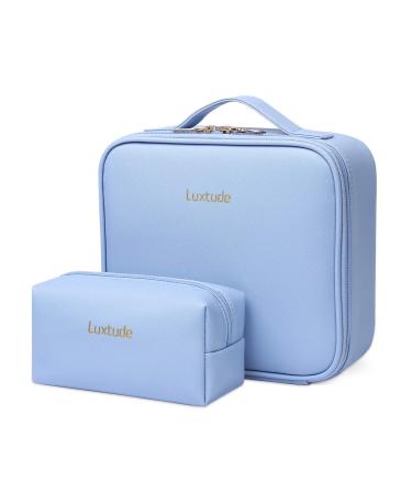 Luxtude Leather Travel Makeup Train Case Waterproof Makeup Bag Cosmetic Case Organizer Large Cosmetic Makeup Case with Adjustable Dividers for Women Cosmetics Brushes Toiletry Jewelry etc. (Blue) Blue Medium