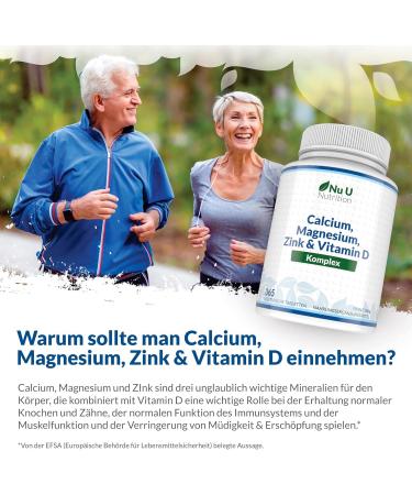 Calcium Magnesium Zinc & Vitamin D3 - 365 Vegetarian Tablets | High-Dose 800mg Calcium Complex | Nu U Nutrition - International Shipping Available - Buy Online on GoSupps.com