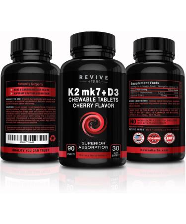 Revive Herbs Vitamin K2 D3 Cherry Flavored Chewable Tablets - Supports Bone & Cardiovascular Health - K2 mk7 225 mcg D3 6000 IU - Buy Online on GoSupps.com