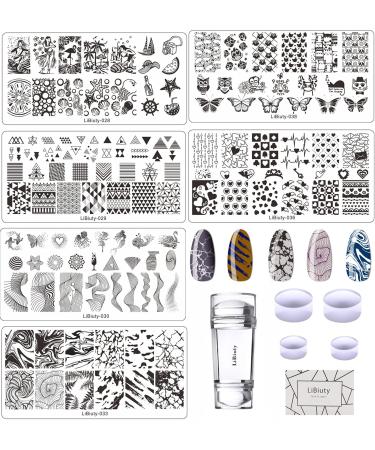 JEEWHEET 6pcs Nail Stamping Templates Plate 1 Scraper 1 Nail Stamper with 4 Replacement Stamper Heads Kit Stamping Plates for Nail Art Decorate Pattern Line Heart Cat Flower 6PCS-B