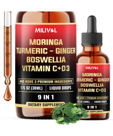 MILIVOL 9in1 Moringa Liquid Drops with Ginger Root, Ceylon Cinnamon, Ashwagandha Root, and Bitter Melon - Supplement for Women and Men - 1 FL Oz - 60 Day Supply