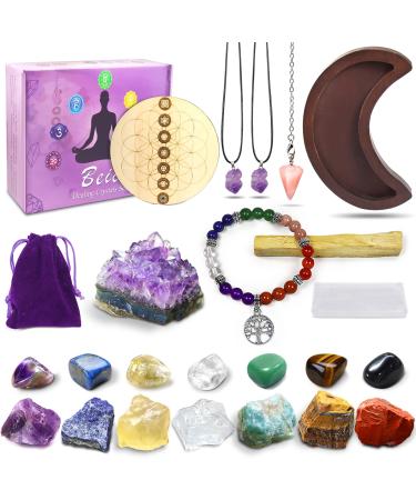 Healing Crystals Set, 23pcs Natural Healing Stones for Yoga Meditation Reiki, 7 Tumbled and 7 Raw Stones for 7 Chakras Balancing with Amethyst Cluster, Moon Tray, Pendulum, Necklace, Selenite