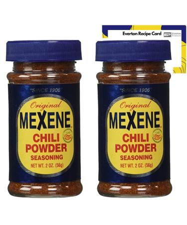 Mexene Original Chili Powder Seasoning 2 Oz - 2 Pack Bundle. Includes Two 2oz Jars of Mexene Chili Powder and a Mexene Chili Recipe Card from Everton Products.