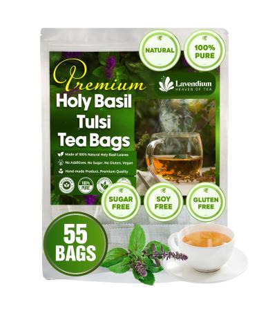 Lavendium 55 HolyBasil Tea Bags 100% Natural & Pure Tulsi Holy Basil Leaves Loose Leaf Holy Basil Herbal Tea. Holy Basil Leaf Tea. No Sugar No Caffeine No Gluten Vegan. Holy Basil 55 Bags