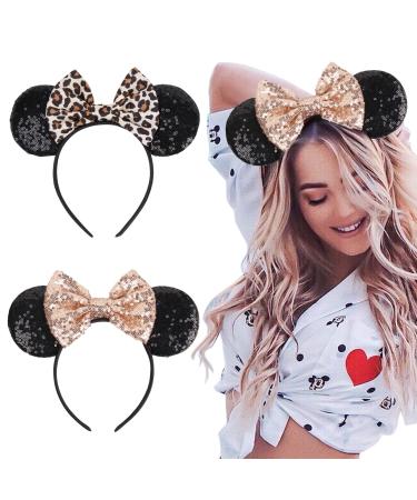 Mouse Ear Bow Headbands, Glitter Hairbands for Women Girls Princess Decoration Christmas Party Cosplay Costume, 2 Pcs Leopard+pink