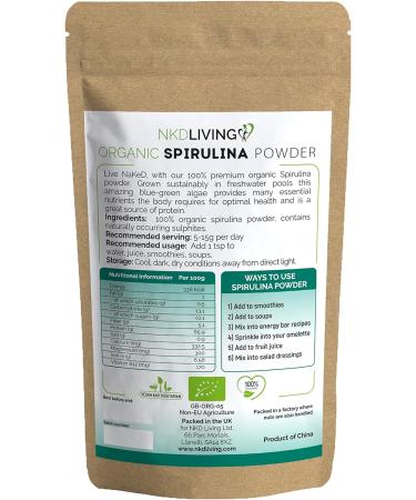 NKD Living 500g Organic Spirulina Powder - Soil Association Certified | Tested for Heavy Metals, Micro-Organisms, and Pesticides - Buy Online on GoSupps.com