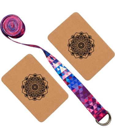 Aozora Cork Yoga Block 2 Pack and Yoga Strap Set - Sustainable & Eco-Friendly - Natural Cork for Support, Balance & Comfort - Mandala Design - 9*6*4 - Buy Online on GoSupps.com