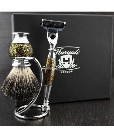 3 Pc Mens Shaving Kit 3 Edge Shaving Razor With Black Badger Hair Brush and Stand Perfect Set For Men