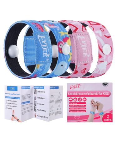 LYJEE 2 Pairs Sea Sickness Wristbands for Kids Cruise Travel Essentials Motion Sickness Bracelets Kids Wristbands for Anti Nausea Sea Travel Car Sickness Relief Acupressure Treatment Carton Blue & Pink -Medium 2 Pair (Pack of 1)