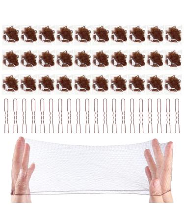 30Pcs Invisible Hair Net for Woman Hair Nets for Women Buns Invisible Elastic Edge Mesh and 20Pcs U Shaped Pins Set for Women Girls Ballet Dance (Brown)