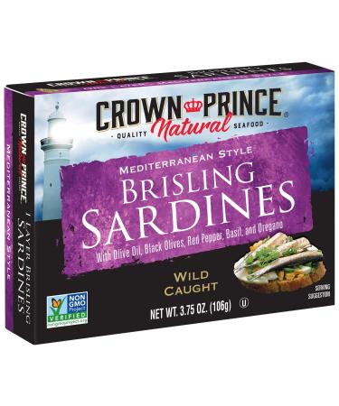 Crown Prince Natural One Layer Brisling Sardines - Mediterranean Style, 3.75-Ounce Cans (Pack of 12) Mediterranean Style 3.75 Ounce (Pack of 12)