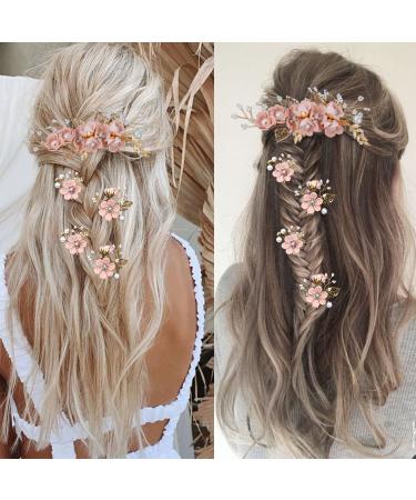 Bridal Flower Hair Pins - 5 Piece Crystal Pearl Hair Combs & Clips - Gold Wedding Accessories for Brides Bridesmaids & Girls - Cherry Blossoms Pink - Buy Online on GoSupps.com