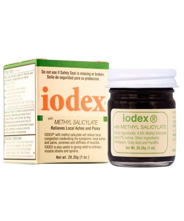 IODEX Baar Products Methyl Salicylate Ointment - 4.7% Iodine  4.8% Methyl Salicyclate - Relieves Local Congestion - for Bruises  Local Aches & Pains  Sore & Stiff Muscles  Strains & Sprains - 1 oz