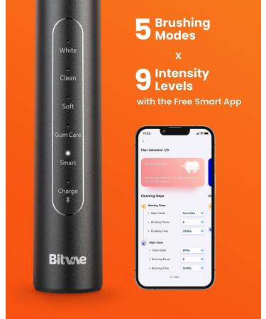 Bitvae Sonic Electric Toothbrush with Pressure Sensor | ADA Accepted | Bluetooth | 8 Brush Heads | 5 Modes | 100 Days Battery Life | Rechargeable Soft Bristle Toothbrush - Black - Buy Online on GoSupps.com