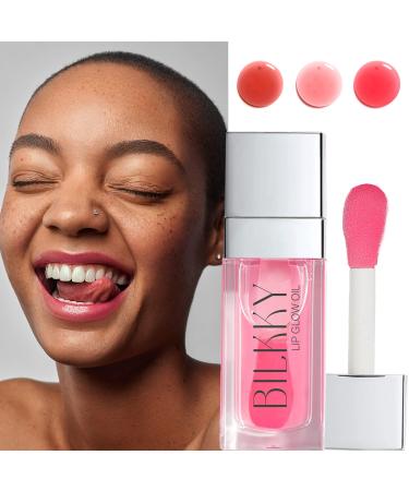 BILKKY Hydrating Lip Oil  Plumping Lip Gloss  Moisturizing Tinted Lip Glow Oil  Transparent Lip Plumper Gloss  Long Lasting  Nourishing  Non-sticky Pink