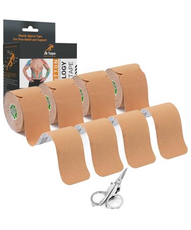 JB Kinesiology Tape PreCut Rolls - (4 Pack / 80 Elastic I- Strips 2 Inch X 10 Inch) Water Resistant, Latex Free Athletic Tape for Joint & Muscle Pain, Recovery & Support. Bonus Scissors (Beige) Beige Neutral