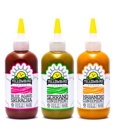 Hot Sauce Variety Pack by Yellowbird - Hot Sauce Sampler Gift Set with Blue Agave Sriracha, Jalapeno, and Serrano Hot Sauces - Plant-Based, Gluten Free, Non-GMO - Homegrown in Austin - 9.8 oz (3-Pack)