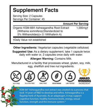 Brain Forza KSM-66 Ashwagandha Organic Root Extract 1000mg - High Potency with 5% Withanolides - Hormone Health & Cognitive Support - 90 Capsules - Buy Online on GoSupps.com