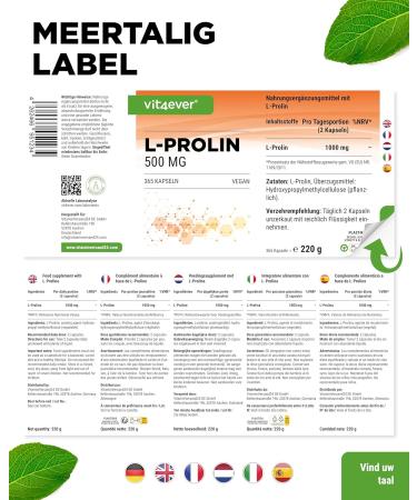 VitamineVersand 24 LProline 365 capsules Highly dosed with 1000mg per daily portion Pure amino acid obtained through fermentation No additives vegan - Buy Online on GoSupps.com