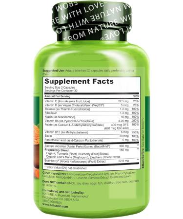 NATURELO Whole Food Brain Blend Supplement Helps Support Memory Focus and Mood - 60 Vegetarian Capsules - Buy Online on GoSupps.com