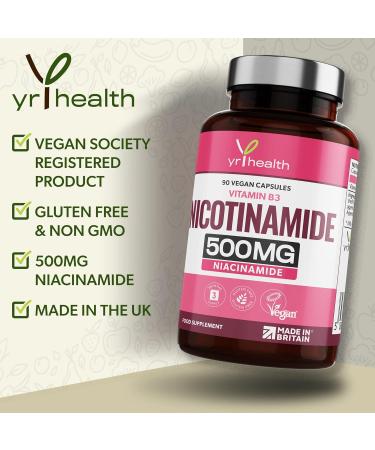 Vegan Nicotinamide Niacinamide 500mg Capsules - Skin & Energy Support - 90 Caps, 3 Months Supply - Made in UK - Buy Online on GoSupps.com