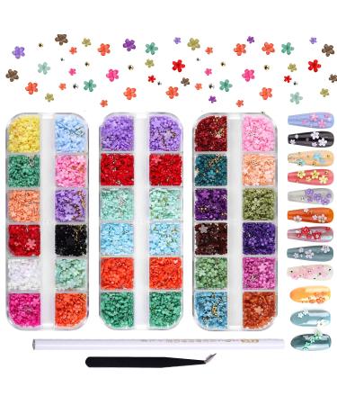 Flymind 3D Flower Nail Charms  36 Grids Light Change Acrylic Resin Flowers Nail Design Metal Caviar Beads for Manicure DIY Decoration with Pickup Pencils tweezer for Women Girls 36Grids