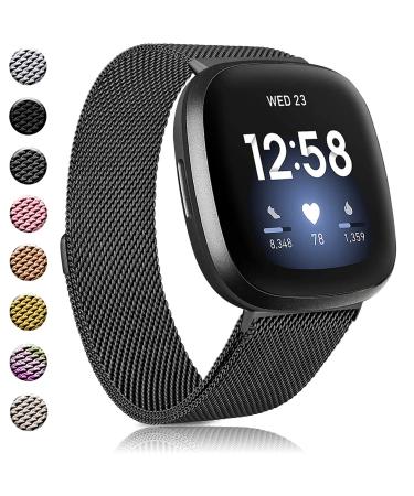 Amzpas Bands Compatible with Fitbit Versa 3 Fitbit Sense, Breathable Stainless Steel Loop Mesh Magnetic Adjustable Wristband for Fitbit Versa 3 / Sense for Women and Men(.Black,Large) .Black Large