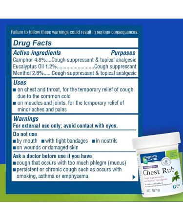 Earth's Care Petrolatum Free Chest Rub Cough Suppressant and Topical Analgesic 2.0 OZ - Buy Online on GoSupps.com