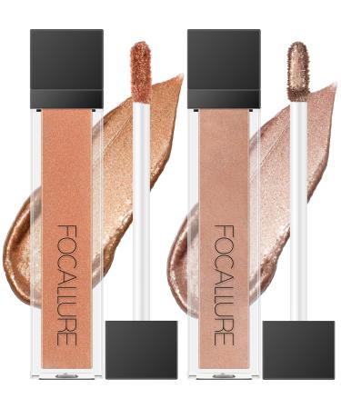 FOCALLURE 2PCS Liquid Glitter Eyeshadow Metallic Shimmer Eye Shadow Long Lasting Waterproof Eye Makeup High Pigmented Quick-Drying Sparkling Eyeshadow Highlighter Baked