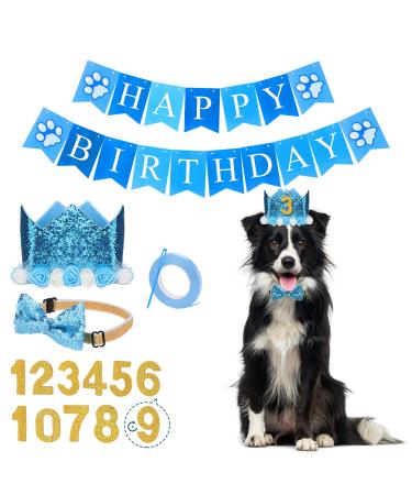 Dog birthday party accessories pet party decorations set birthday crown bling bling fly and happy birthday banner for dogs cats blue blue