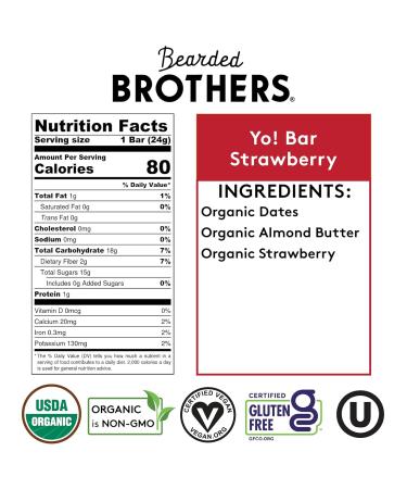 Yo! Bar by Bearded Brothers | Vegan Organic Gluten-Free Kids Snack | Paleo Whole 30 Soy Free Non-GMO Low Glycemic No Sugar Added | Strawberry Flavor | 25 Bars - Buy Online on GoSupps.com