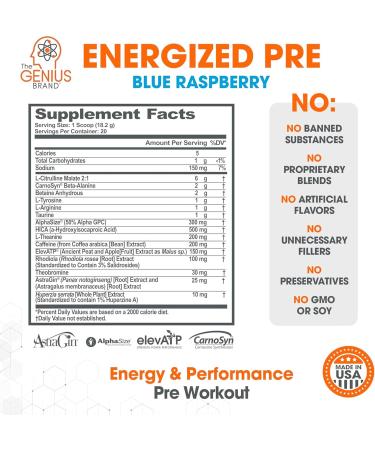 Genius Energized Pre Workout Powder Caffeine Infused Pre-Workout Booster Supplement with Beta Alanine & Alpha GPC No Artificial Sweeteners or Dyes - 200mg Caffeine 20 Servings Blue Raspberry - Buy Online on GoSupps.com