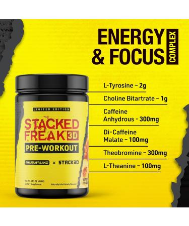 PharmaFreak Stacked Freak 3D Pre-Workout Powder Limited Edition Mango Peach | Energy Focus & Pump Booster | Betaine Citrulline & Caffeine 14.1oz (400g) - Buy Online on GoSupps.com