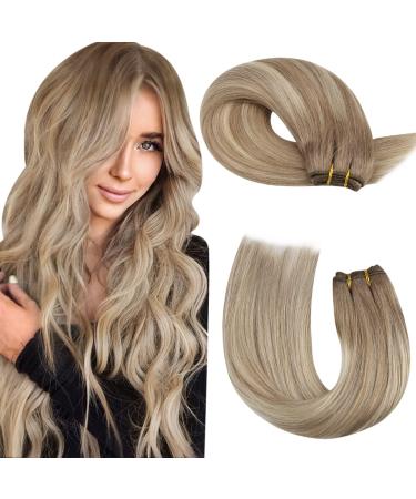 Moresoo Blonde Human Hair Weft Balayage Light Brown with Platinum Blonde Double Weft Hair Extensions Sew in Human Hair 18 Inch 100g/Pack #8/22/8 18 Inch(Pack of 1) WEFT #8/22/8