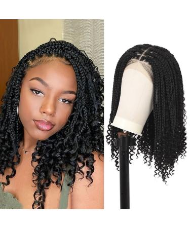 Lexqui 13X6X4 Inch Lace Front Knotless Box Braided Wigs with Boho Curly for Women Handmade Short braided Lace Wig with Baby Hair Curl Ends Black Synthetic Cornrow Lace Frontal Braids Hair Wig 18 Inch