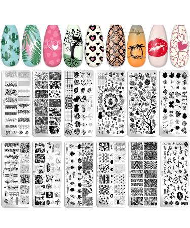 12Pcs Nail Stamping Plates Set, ForSewian Nail Pattern Template Plates including Leaves Flowers Lace Animals and Heart Patterns for DIY Nail Art Decoration
