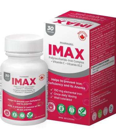 Pharmaris IMAX 150 mg Iron Supplement 250 mg Vit C 1000 mcg Vit B12 30 Capsules Effective iron pills for Iron deficiency Anemia Once Daily Dosing
