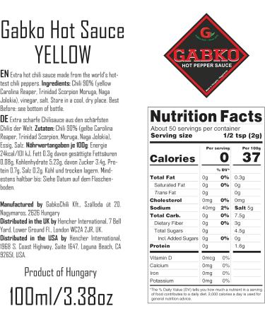 GABKO Hot Sauce (100 ml Yellow) - 90% Carolina Reaper Trinidad Scorpion Moruga Naga Jolokia, Aged 1 Year | No Extracts | Fruitier Than Red Version - Buy Online on GoSupps.com