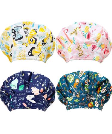 SATINIOR 4 Pieces Adjustable Caps Cotton Bouffant Cap Elastic Bouffant Cap Head Hair Covers with Sweatband for Women Men (Summer Animal Pattern)  Multicoloured  Medium