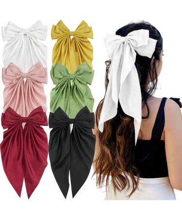 6PCS Silky Satin Hair Bow Clip for Women  13inches Long Tail Large Bow Hair Slides Metal Clips French Barrette Soft Plain Color Big Bowknot Hairpin Holding Hair 90's Accessories LongTail