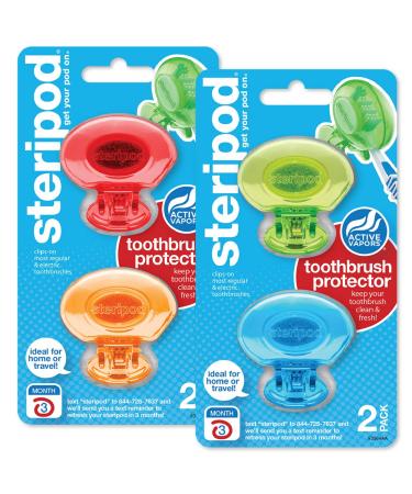 Steripod Clip-On Toothbrush Protector, Blue, Green, Red, Orange, 4 Count Blue, Green, Red, and Orange