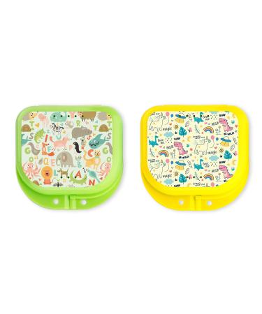 Retainer Cases Cute Retainer Holder Case 2 Pack Aligner Case with Funny Cartoon Night Guard Case with Animals and Dinosaurs Patterns (Green Yellow)