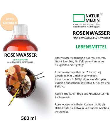 500 ml Food Grade Rose Water - Hypoallergenic & 100% Natural Rosa Damascena | NATURMEDIN - International Shipping Available - Buy Online on GoSupps.com
