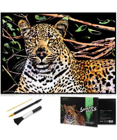 MIASTAR Scratch Art Animal Rainbow Painting Paper, Creative foil Scratch Art Toy Gift, Engraving Art & Craft Sets, DIY Sketch Card Scratchboard for Kids & Adults - 16'' x 11.2'' with 3 Tools(Cheetah)