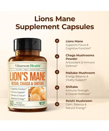 Lions Mane Supplement Capsules Mushroom Powder Blend with Lions Mane Powder Turkey Tail Shiitake Mushrooms & More Focus & Energy Supplements for Mood & Immune Support. Non-GMO. 60 Vegan Capsules - Buy Online on GoSupps.com